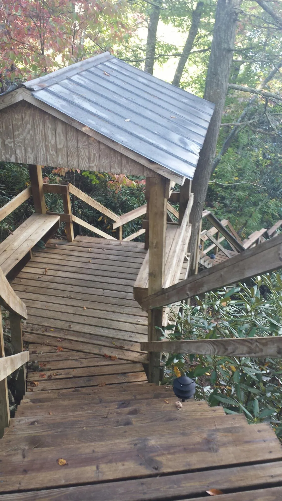 Metal roofed shelter over wooden steps on a wooded walkway — Skylight Repair & Installation work by our crew in Sidman